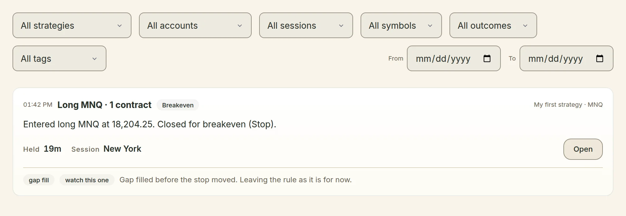 The Activity page in Wildflower: a filter bar for strategy, account, session, symbol, outcome, tag and date, above one entry written by the engine. The entry gives the time it closed, the strategy that took it, a sentence describing the trade in plain words, how long it was held and which session it ran in, then the customer's own two tags and their own note underneath.