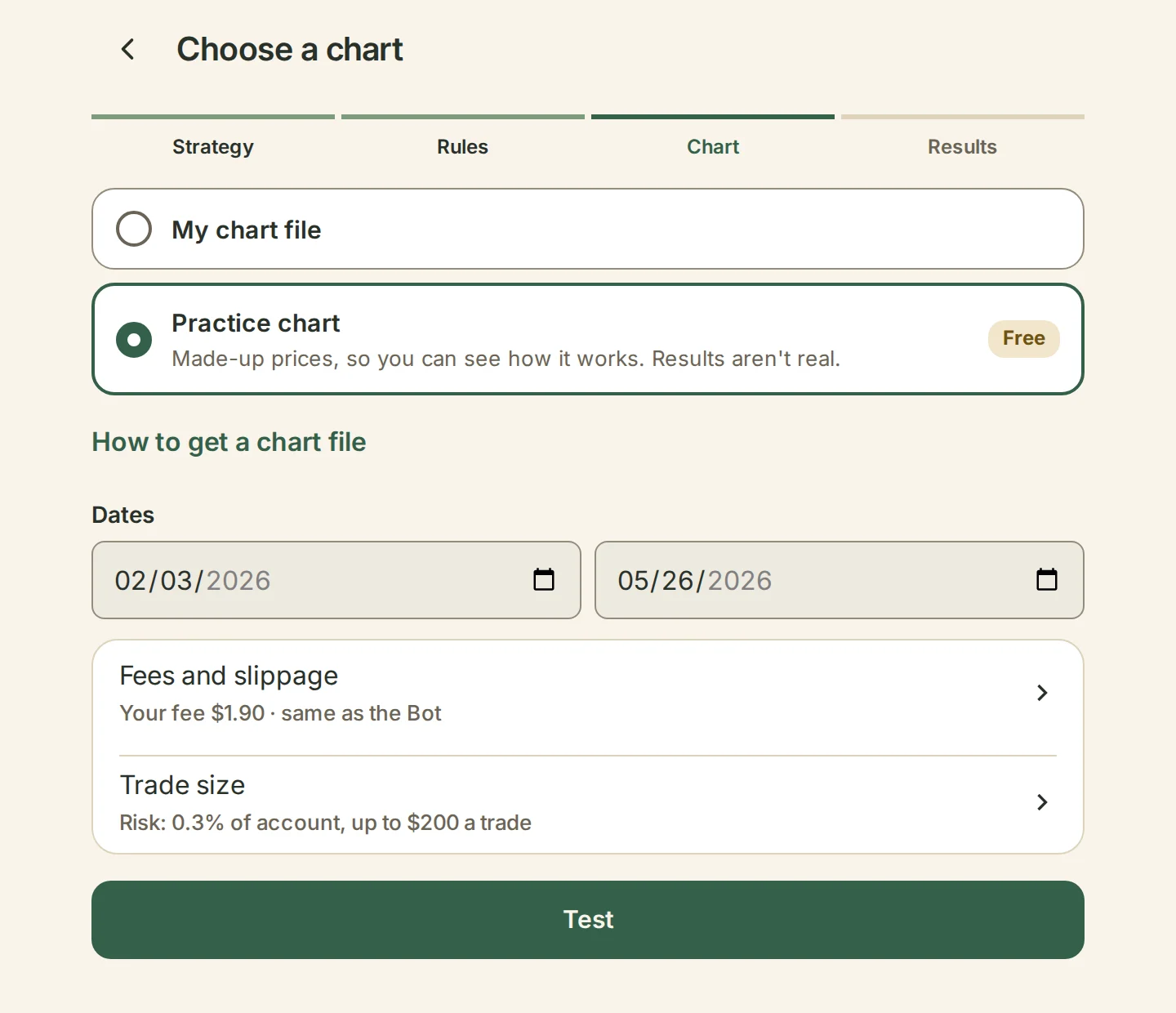 Choosing a chart and the dates to test your rules on in Backtest.