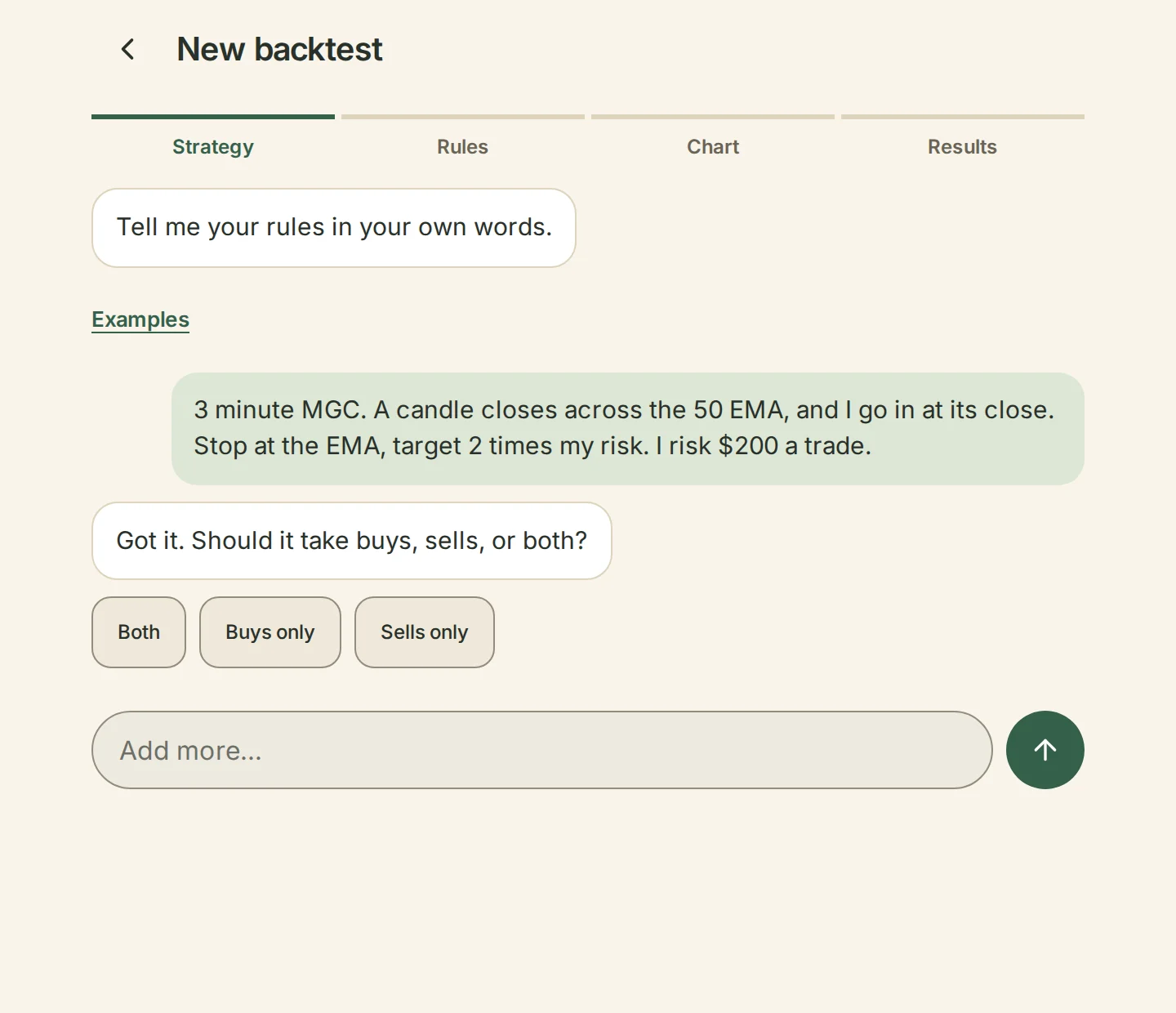 Tell Backtest your rules in your own words