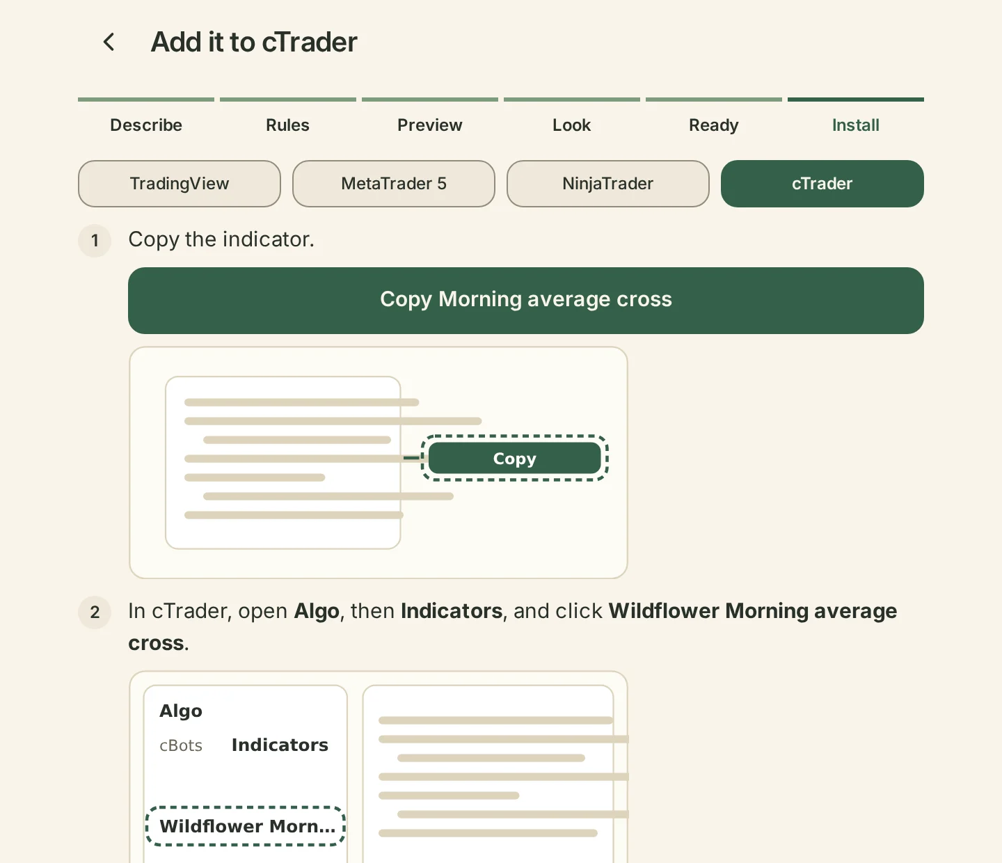 Add it to cTrader: copy the indicator, with a picture of each step