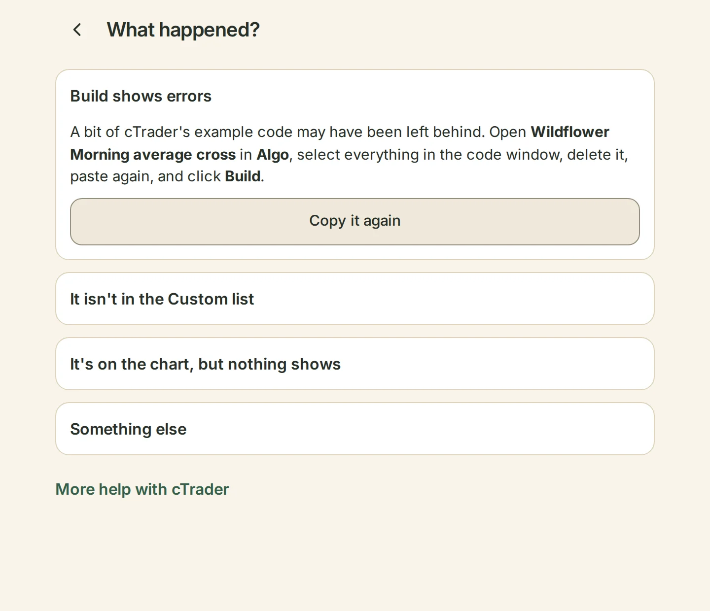 What happened? The choices when it didn't work in cTrader