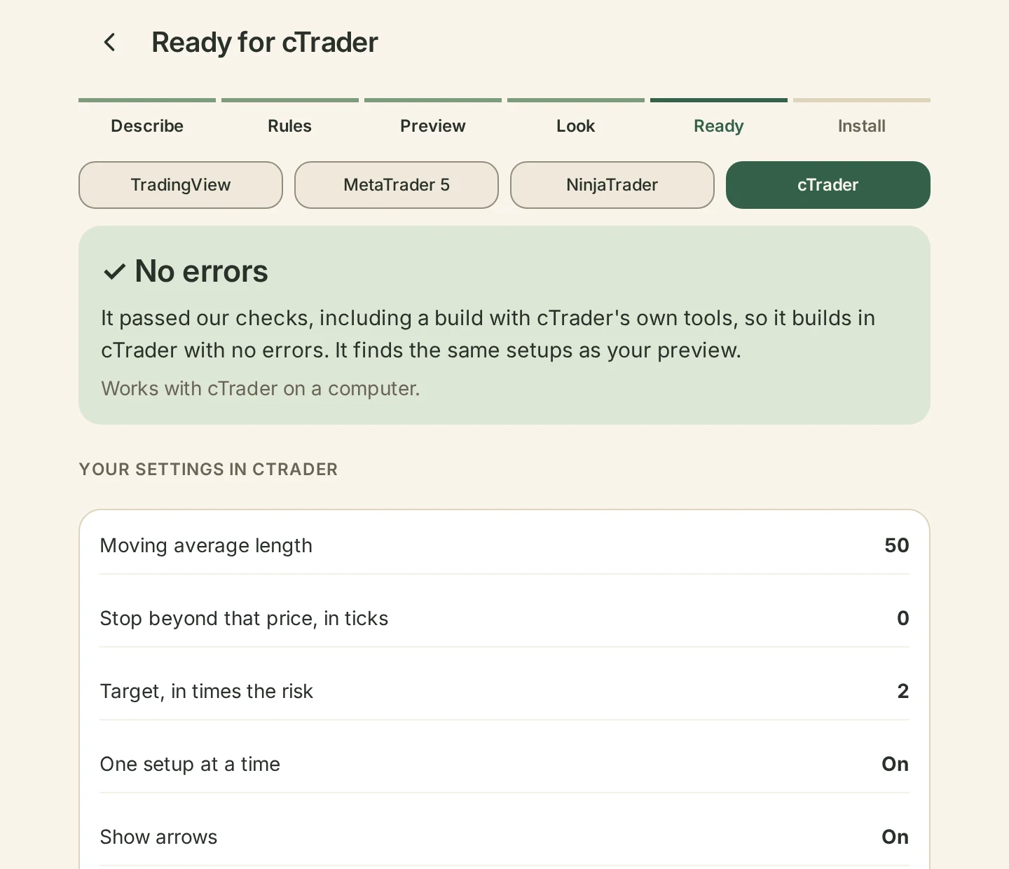 Ready for cTrader: no errors, and the settings you can change in cTrader