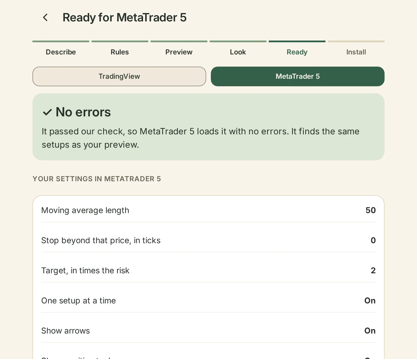 Ready for MetaTrader 5: no errors, and the settings you can change in MetaTrader