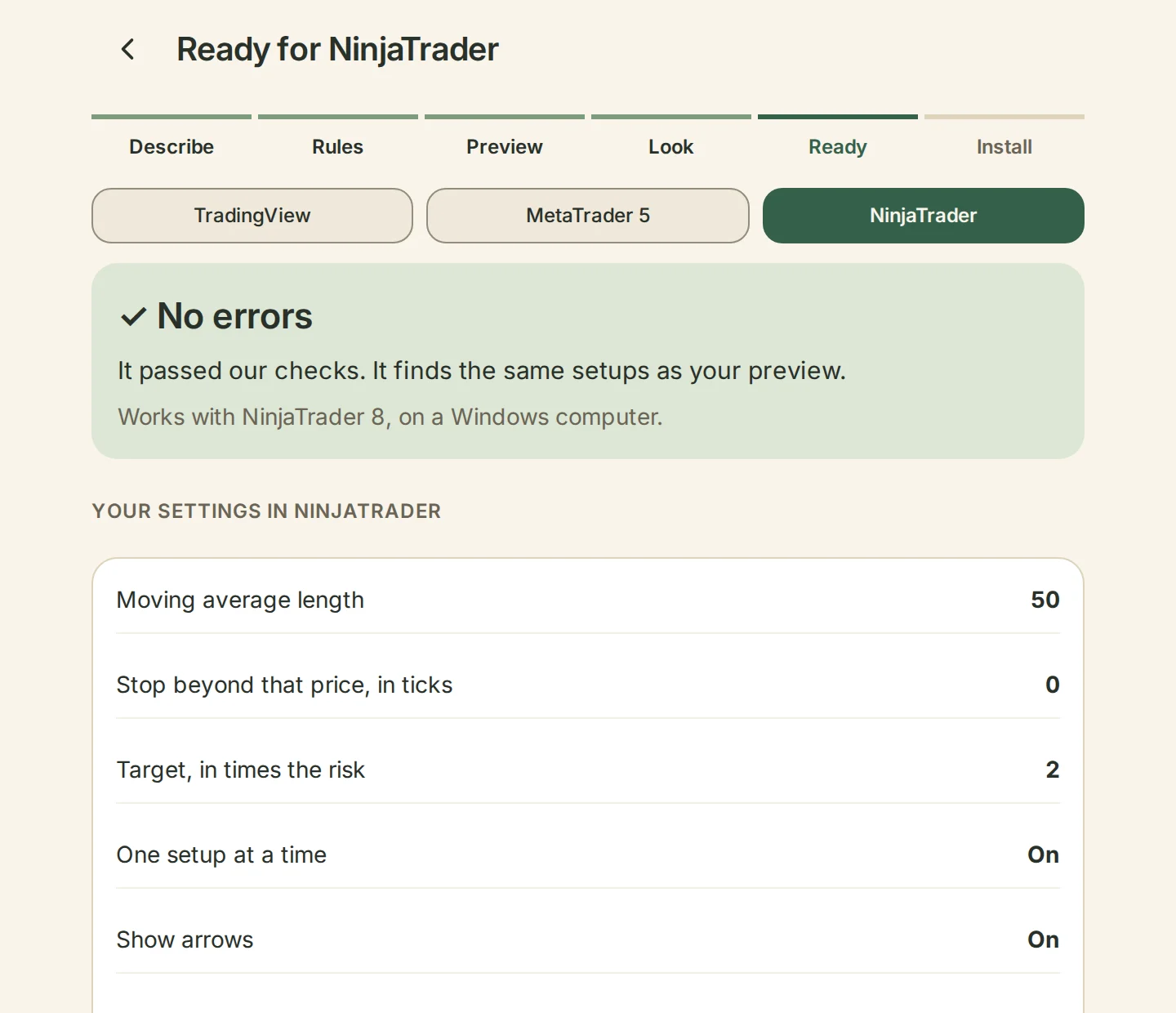Ready for NinjaTrader: checked for errors, and the settings you can change in NinjaTrader