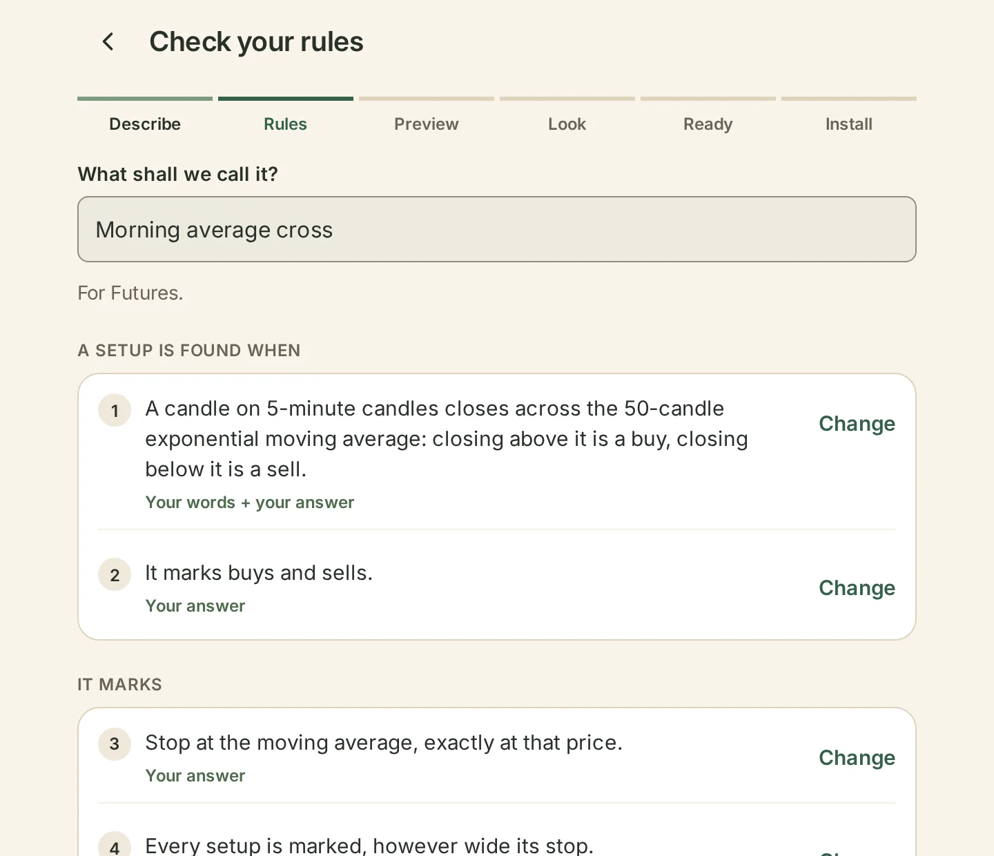 Your rules, read back in plain words
